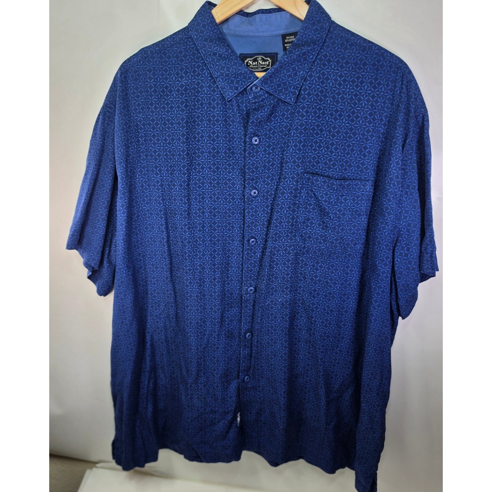 Nat Nast Luxury Originals Mens XXL Blue Silk Cotton Geometric Camp Shirt
